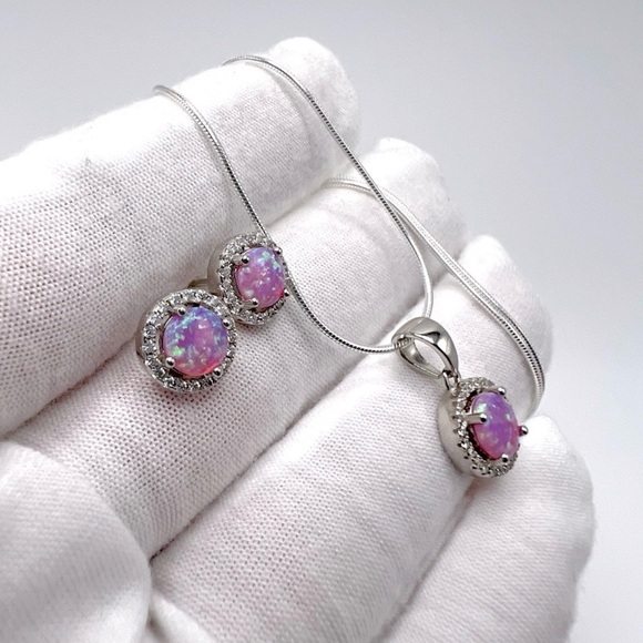 Halo Pink Fire Opal Cz & Clear Cz .925 Sterling Silver Earring & Necklace Set - Picture 4 of 17